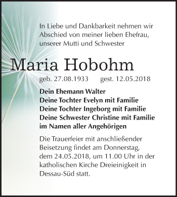 Traueranzeige von Maria Hobohm von Mitteldeutsche Zeitung Dessau-Roßlau