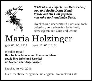 Traueranzeige von Maria Holzfinger von Mitteldeutsche Zeitung