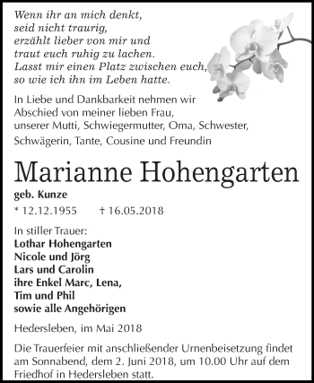 Traueranzeige von Marianne Hohengarten von WVG - Wochenspiegel Quedlinburg