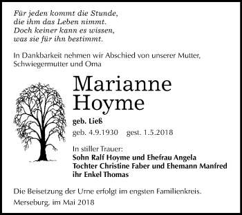 Traueranzeige von Marianne Hoyme von WVG - Wochenspiegel Merseburg
