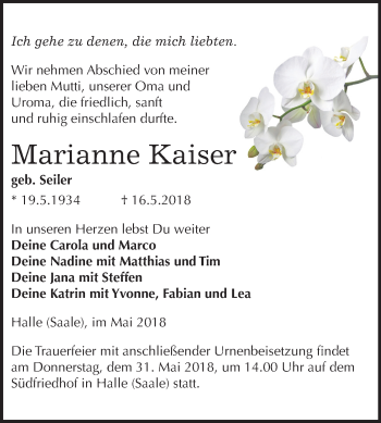 Traueranzeige von Marianne Kaiser von Mitteldeutsche Zeitung Halle/Saalkreis