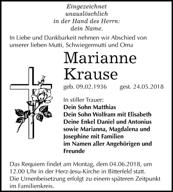 Traueranzeige von Marianne Krause von Mitteldeutsche Zeitung Bitterfeld