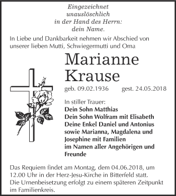 Traueranzeige von Marianne Krause von WVG - Wochenspiegel Bitterfeld