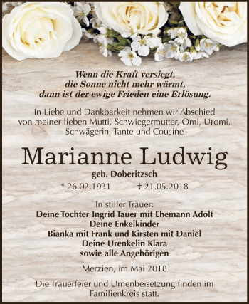 Traueranzeige von Marianne Ludwig von WVG - Wochenspiegel Dessau / Köthen