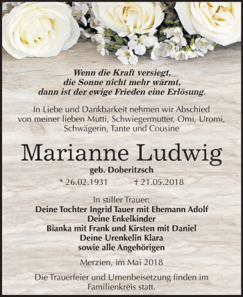 Traueranzeige von Marianne Ludwig von Mitteldeutsche Zeitung Köthen