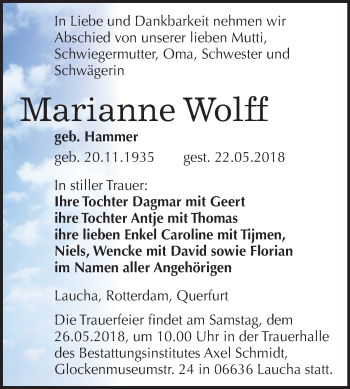 Traueranzeige von Marianne Wolff von Mitteldeutsche Zeitung