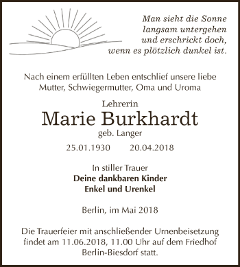 Traueranzeige von Marie Burkhardt von Super Sonntag Zeitz