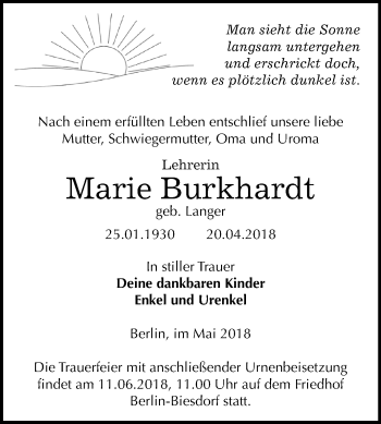Traueranzeige von Marie Burkhardt von Mitteldeutsche Zeitung Zeitz