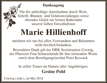 Traueranzeige von Marie Hillienhoff von WVG - Wochenspiegel Dessau / Köthen
