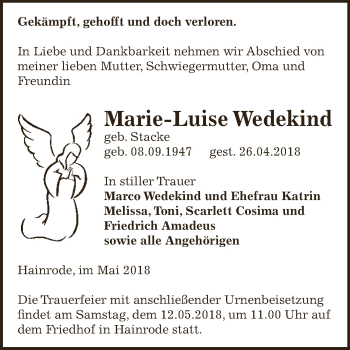 Traueranzeige von Marie-Luise Wedekind von Super Sonntag SGH Mansf. Land