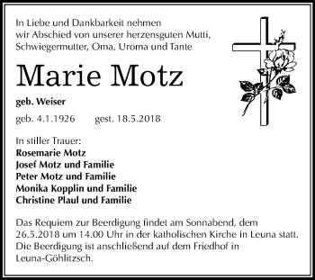 Traueranzeige von Marie Motz von Mitteldeutsche Zeitung Merseburg/Querfurt