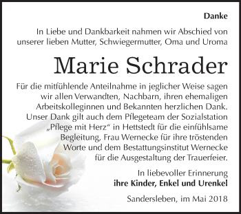 Traueranzeige von Marie Schrader von Mitteldeutsche Zeitung