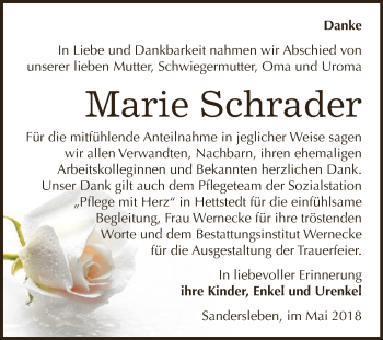 Traueranzeige von Marie Schrader von Wochenspiegel Mansfelder Land