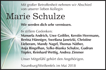 Traueranzeige von Marie Schulze von Mitteldeutsche Zeitung Weißenfels