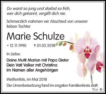 Traueranzeige von Marie Schulze von Mitteldeutsche Zeitung Weißenfels