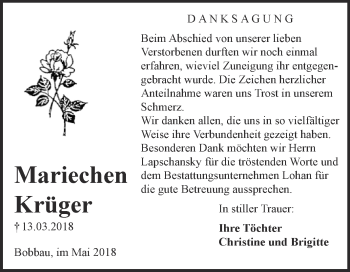Traueranzeige von Mariechen Krüger von WVG - Wochenspiegel Bitterfeld