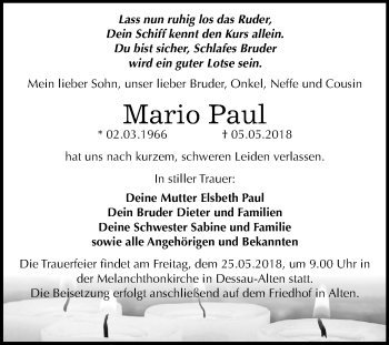 Traueranzeige von Mario Paul von Mitteldeutsche Zeitung Dessau-Roßlau