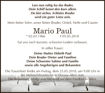 Traueranzeige von Mario Paul von WVG - Wochenspiegel Dessau / Köthen