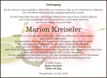 Traueranzeige von Marion Kreiseler von WVG - Wochenspiegel NMB / WSF / ZTZ