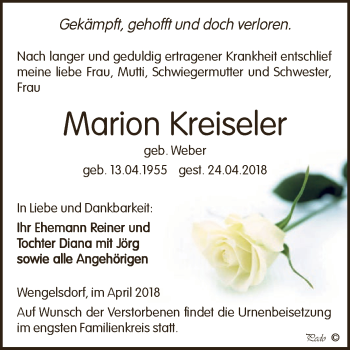 Traueranzeige von Marion Kreiseler von WVG - Wochenspiegel NMB / WSF / ZTZ