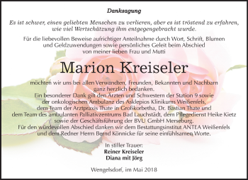 Traueranzeige von Marion Kreiseler von Mitteldeutsche Zeitung Weißenfels