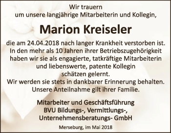 Traueranzeige von Marion Kreiseler von WVG - Wochenspiegel NMB / WSF / ZTZ