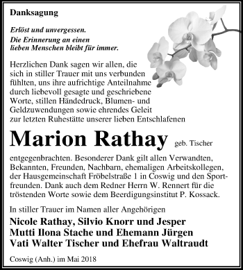 Traueranzeige von Marion Rathay von Mitteldeutsche Zeitung Dessau-Roßlau