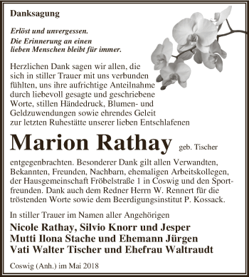 Traueranzeige von Marion Rathay von WVG - Wochenspiegel Dessau / Köthen