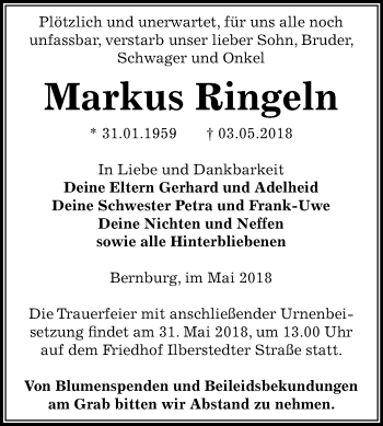 Traueranzeige von Markus Ringeln von Mitteldeutsche Zeitung Bernburg