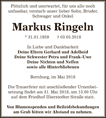 Traueranzeige von Markus Ringeln von Super Sonntag Bernburg