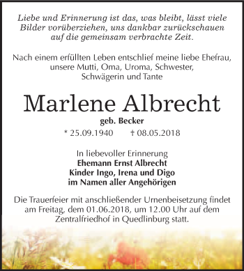 Traueranzeige von Marlene Albrecht von WVG - Wochenspiegel Quedlinburg