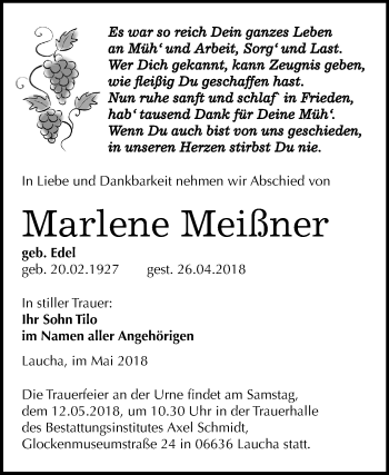 Traueranzeige von Marlene Meißner von Mitteldeutsche Zeitung