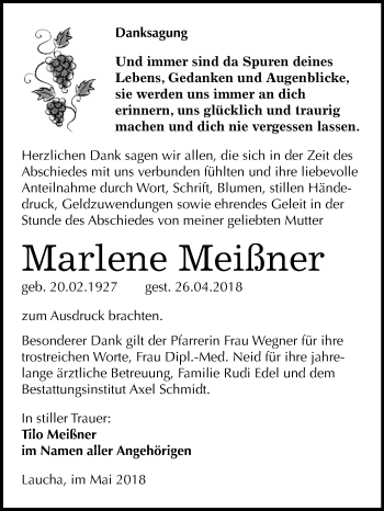 Traueranzeige von Marlene Meißner von Mitteldeutsche Zeitung