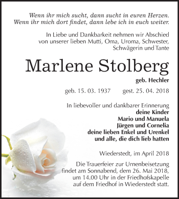 Traueranzeige von Marlene Stolberg von Mitteldeutsche Zeitung