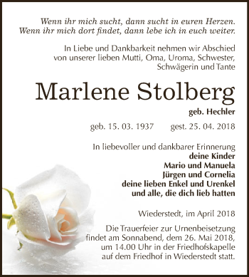 Traueranzeige von Marlene Stolberg von Wochenspiegel Mansfelder Land