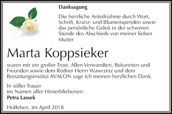 Traueranzeige von Marta Koppsieker von Mitteldeutsche Zeitung Halle/Saalkreis