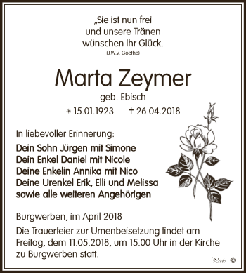 Traueranzeige von Marta Zeymer von WVG - Wochenspiegel NMB / WSF / ZTZ