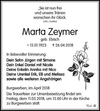 Traueranzeige von Marta Zeymer von Mitteldeutsche Zeitung Weißenfels
