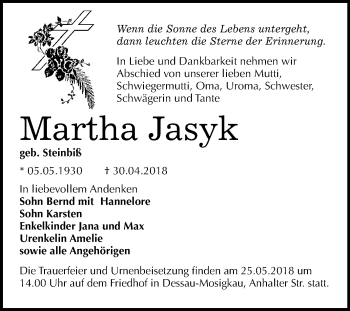 Traueranzeige von Martha Jasyk von Mitteldeutsche Zeitung Dessau-Roßlau