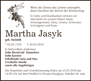 Traueranzeige von Martha Jasyk von WVG - Wochenspiegel Dessau / Köthen