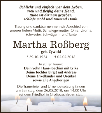 Traueranzeige von Martha Roßberg von WVG - Wochenspiegel Dessau / Köthen