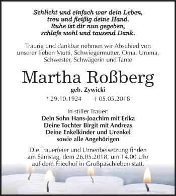 Traueranzeige von Martha Roßberg von Mitteldeutsche Zeitung Köthen