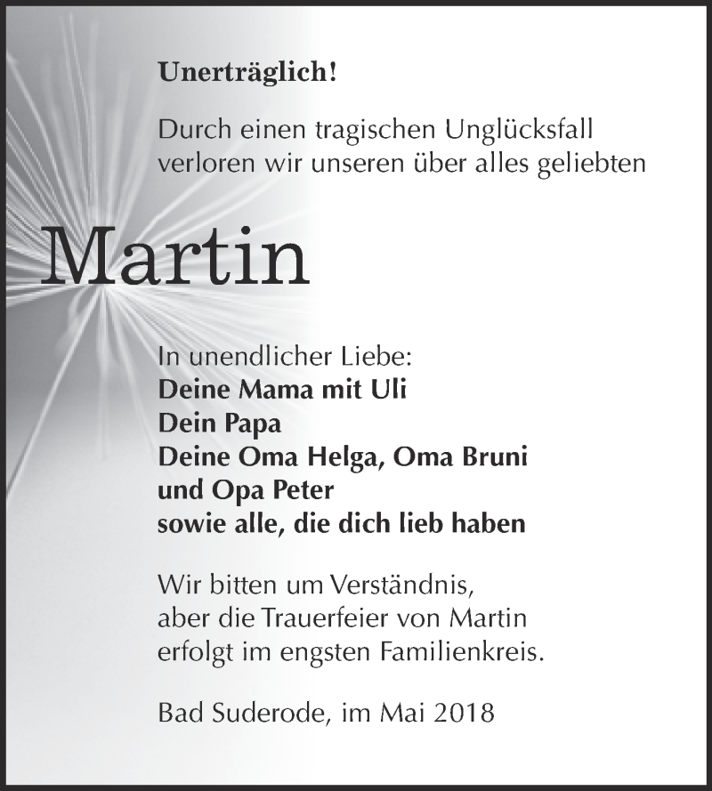  Traueranzeige für Martin  vom 12.05.2018 aus Super Sonntag Quedlinburg