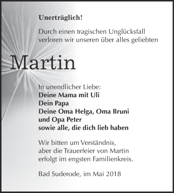 Traueranzeige von Martin  von Super Sonntag Quedlinburg