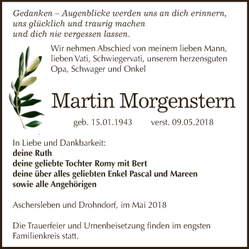 Traueranzeige von Martin Morgenstern von Super Sonntag Aschersleben