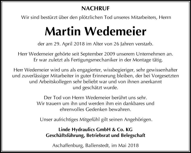  Traueranzeige für Martin Wedemeier vom 16.05.2018 aus Mitteldeutsche Zeitung Quedlinburg
