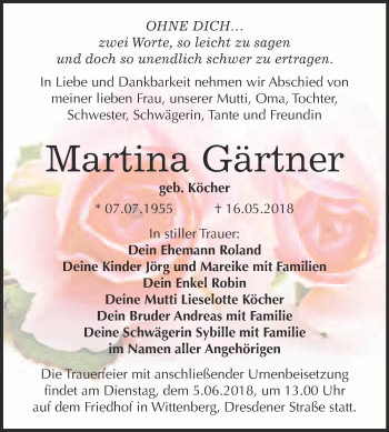 Traueranzeige von Martina Gärtner von Super Sonntag Wittenberg