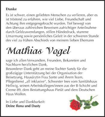 Traueranzeige von Mathias Vogel von WVG - Wochenspiegel Bitterfeld