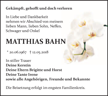 Traueranzeige von Matthias Bahn von WVG - Wochenspiegel Bitterfeld