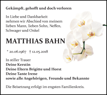 Traueranzeige von Matthias Bahn von Mitteldeutsche Zeitung Bitterfeld